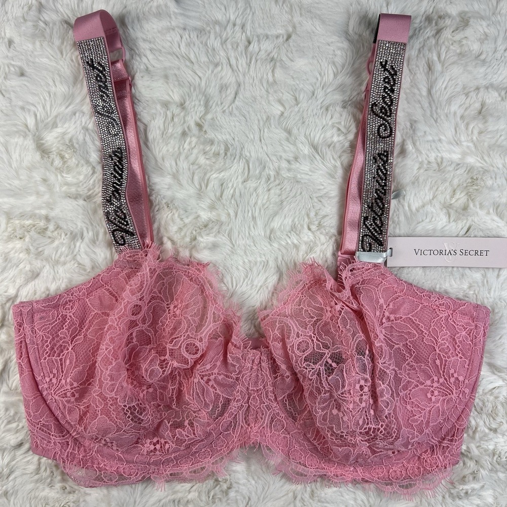 Victoria's Secret Very Sexy Lace Push Up Bra Shine Strap Pink 34DDD Logo NWT